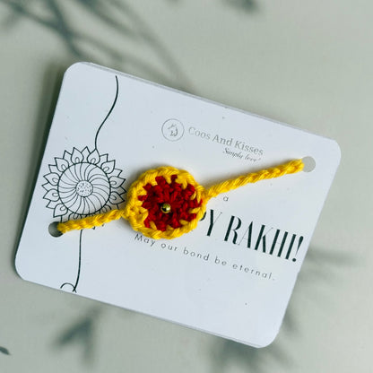 Handmade Crochet Dandelion Rakhi Small - RED & Yellow