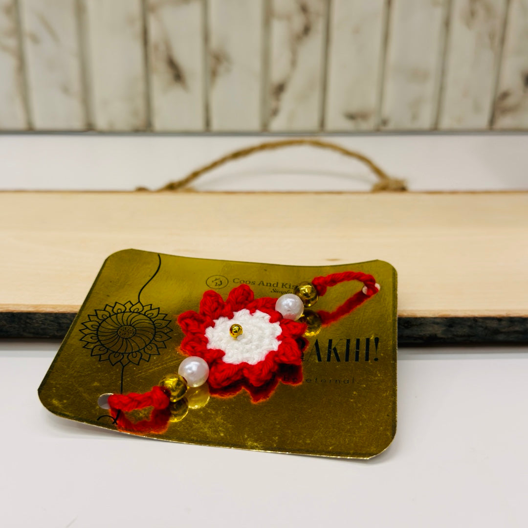 Handmade Crochet Flower Rakhi – Red & White